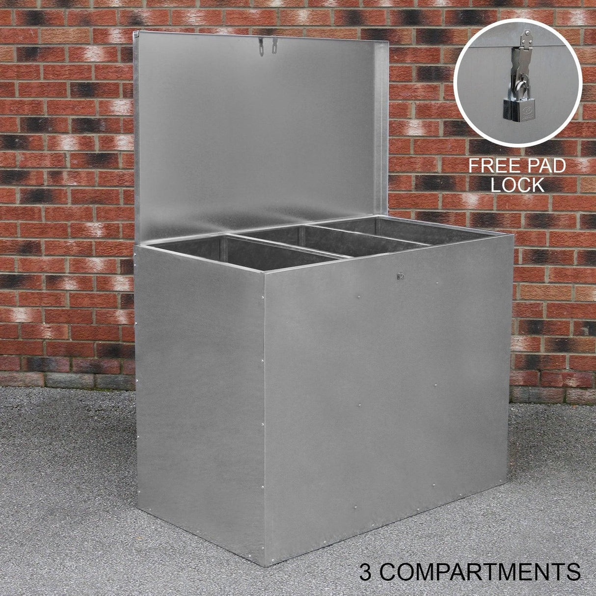 Galvanised feed store with three compartments, featuring a sturdy metal design, a hinged lid, and a free padlock for secure storage