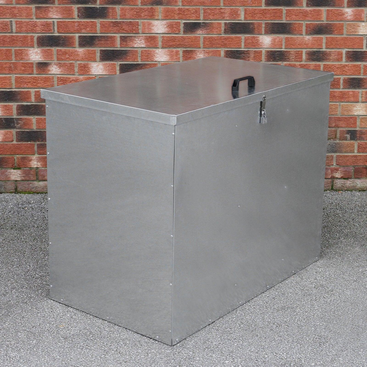 Galvanised feed store with three compartments, featuring a sleek silver finish, sturdy construction, and a secure lid with a handle