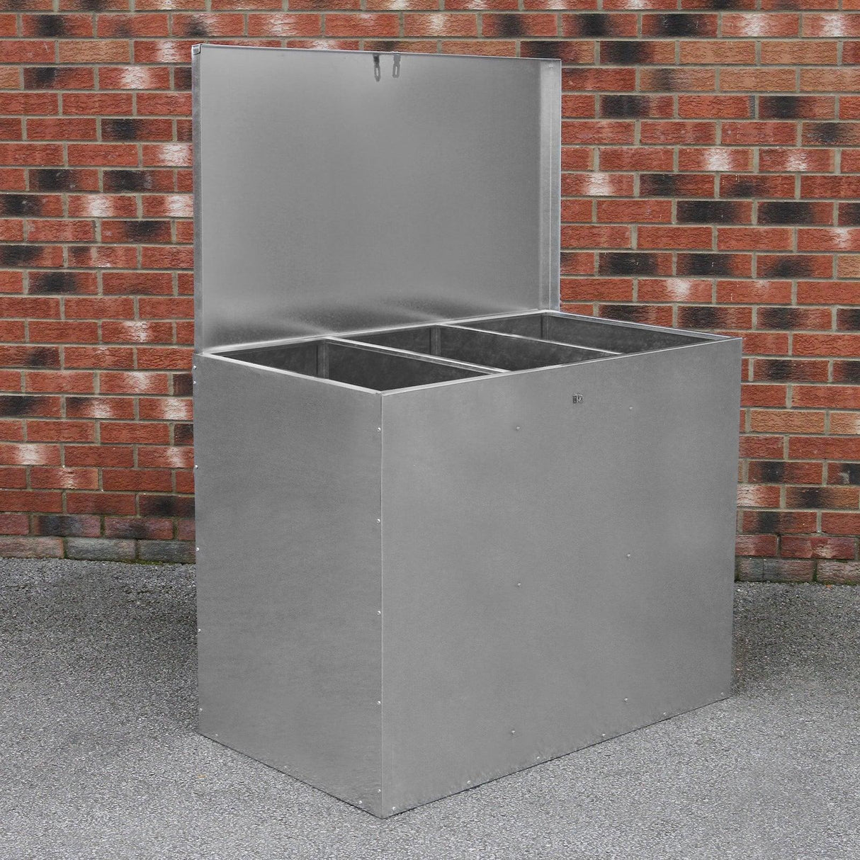 Galvanised feed store with three compartments, featuring a sturdy metal construction and a hinged lid, ideal for organizing feed