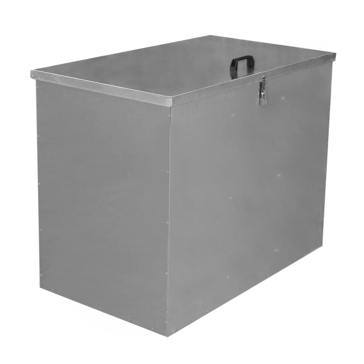 Galvanised feed store with three compartments, featuring a sleek silver finish, sturdy construction, and a secure locking mechanism