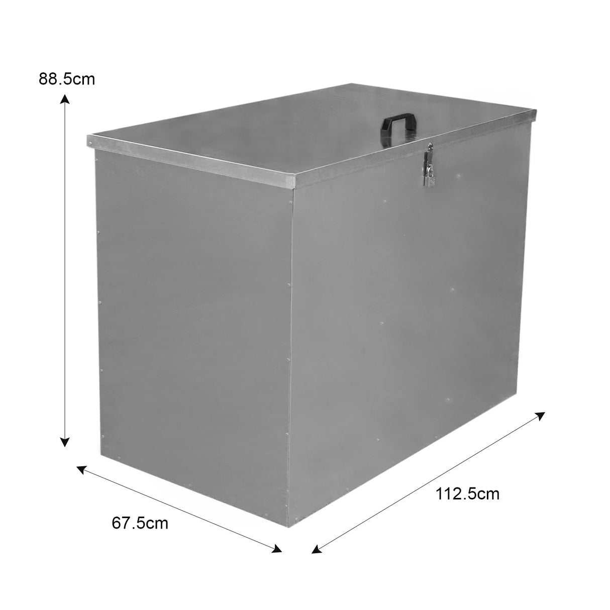 Galvanised feed store with three compartments, featuring a sleek silver finish, sturdy handle, and secure latch for easy access