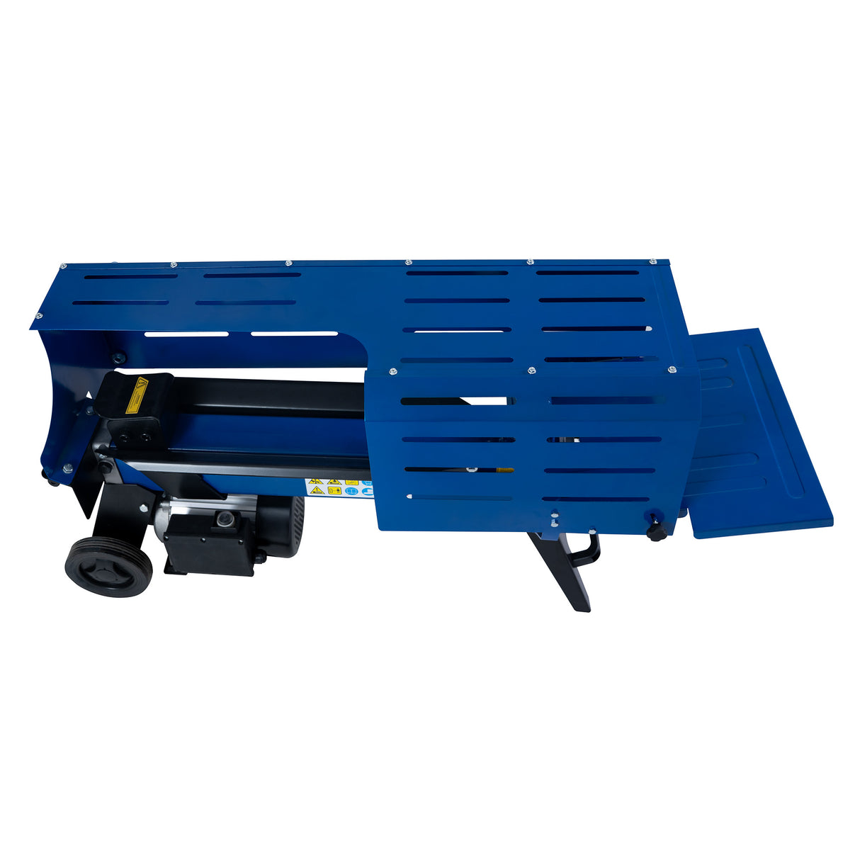 Electric log splitter in blue with a sturdy metal frame, featuring a long splitting table and wheels for easy mobility