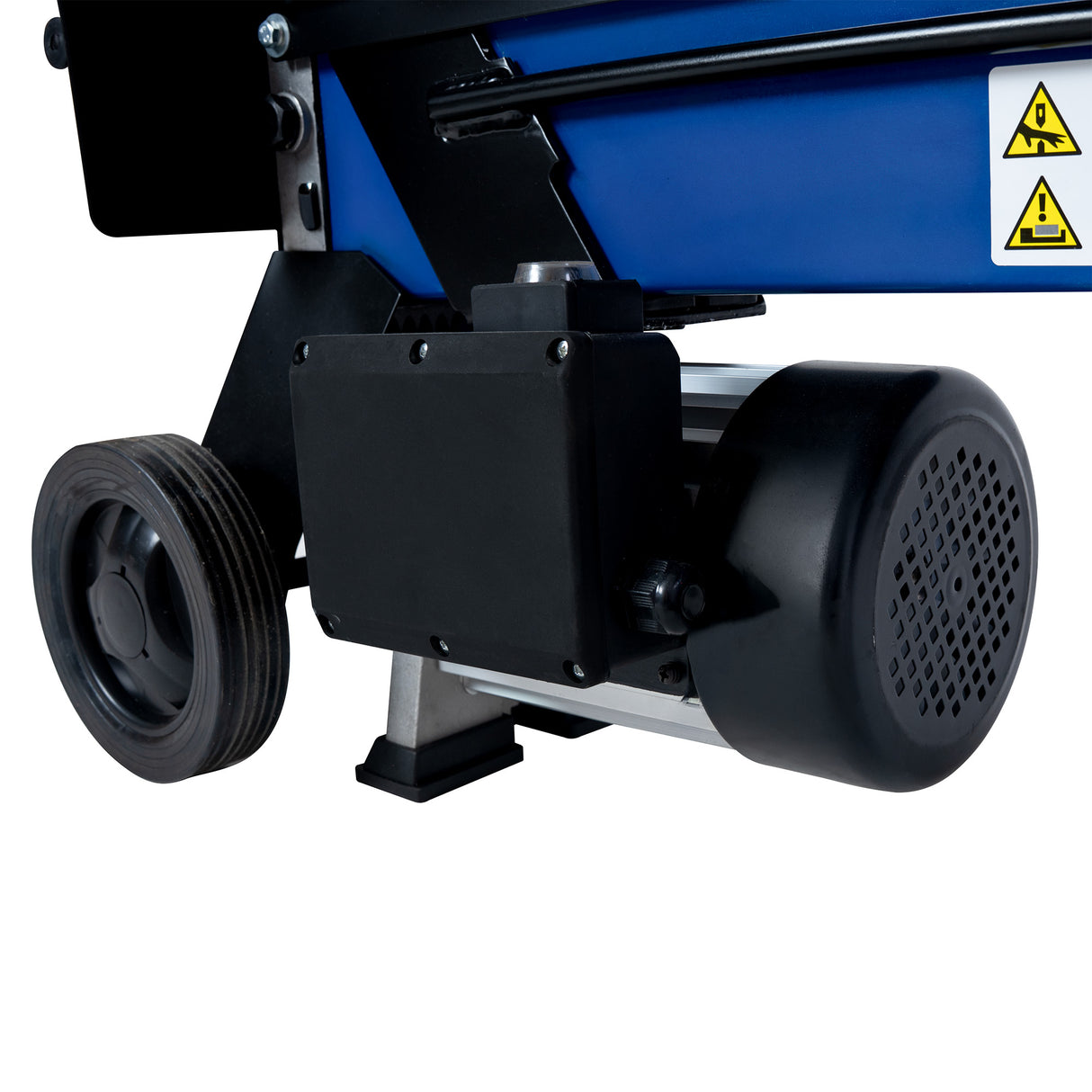 Close-up of the T-Mech 7T log splitter's sturdy black motor, blue frame, and durable wheels, showcasing its robust design and functionality