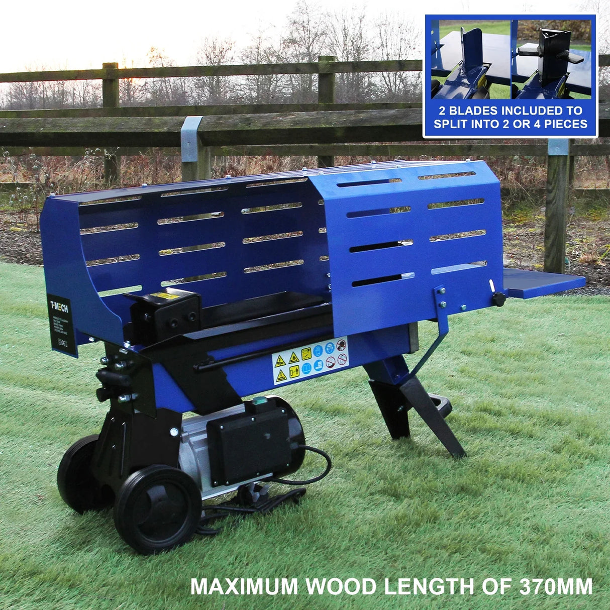 T-Mech 5T log splitter in vibrant blue, featuring a sturdy design, two blades for splitting logs up to 370mm, and wheeled base for mobility