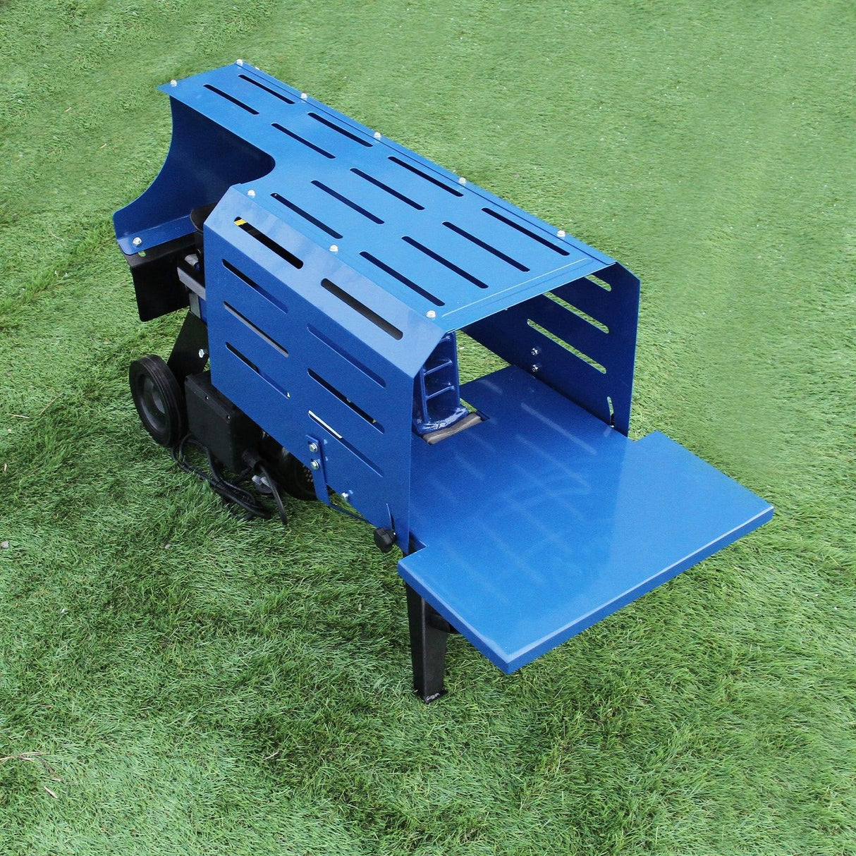 T-Mech log splitter in bright blue, featuring a slotted design, sturdy metal construction, and a flat work surface for efficient wood splitting