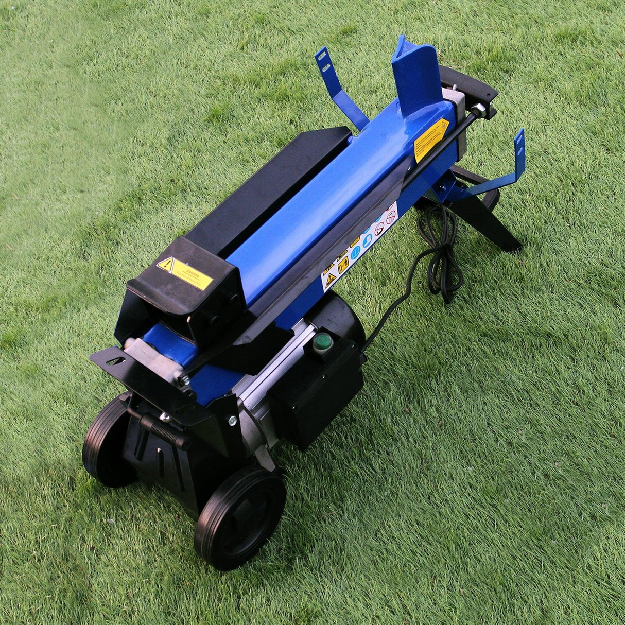T-Mech Log Splitter 5T with a blue and black design, featuring sturdy wheels, a compact shape, and a powerful motor for efficient wood splitting
