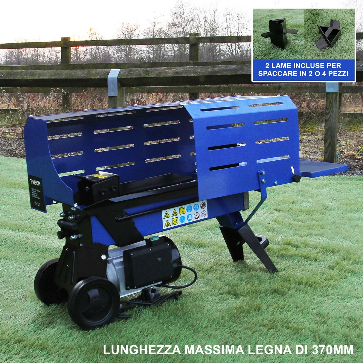 T-Mech 5T Log Splitter in vibrant blue with a sturdy design, featuring a 370mm splitting length and two included blades for efficient wood processing