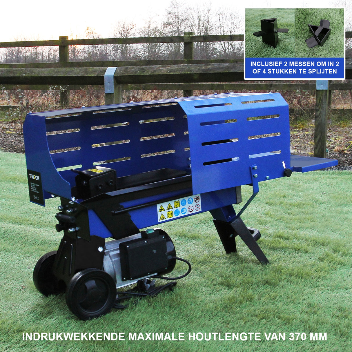 T-Mech 5T log splitter in vibrant blue, featuring a sturdy design, wheels for mobility, and a 370mm splitting capacity on a grassy background
