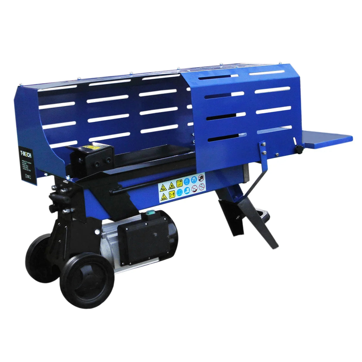 T-Mech 7T Log Splitter in blue, featuring a sturdy metal frame, large wheels for mobility, and a safety guard for secure operation