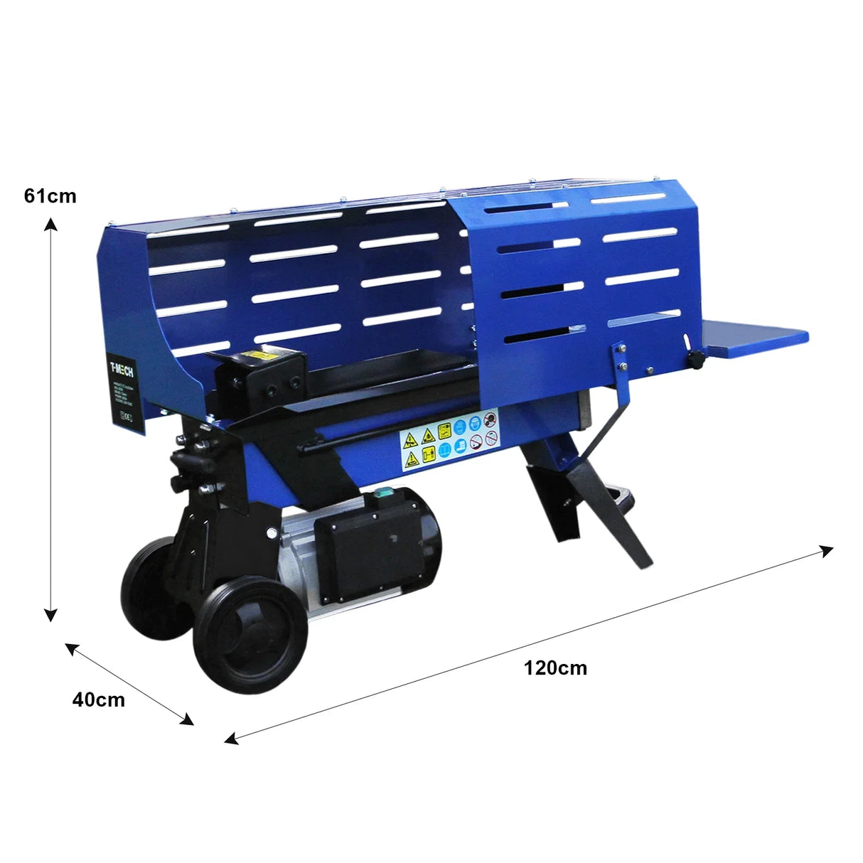 T-Mech Log Splitter in blue with a sturdy steel frame, featuring a 520mm splitting capacity and dimensions of 120cm x 40cm x 61cm