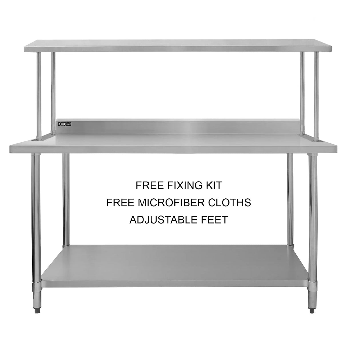 6ft stainless steel catering bench with single over-shelf, featuring adjustable feet and a sleek, smooth surface for easy cleaning