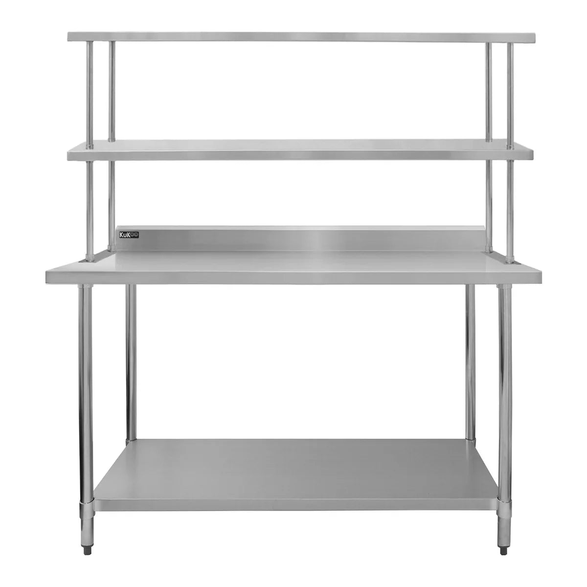 5ft stainless steel catering bench with double over-shelf, featuring a smooth surface, sturdy legs, and ample storage space