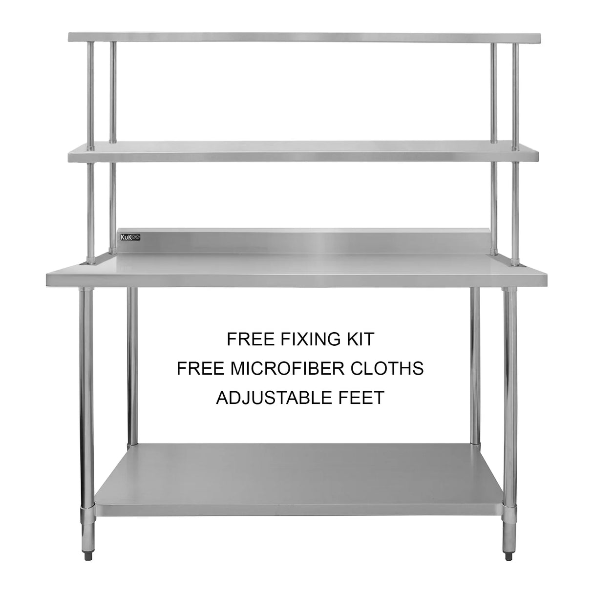5ft stainless steel catering bench with double over-shelf, featuring adjustable feet and a free fixing kit and microfiber cloths