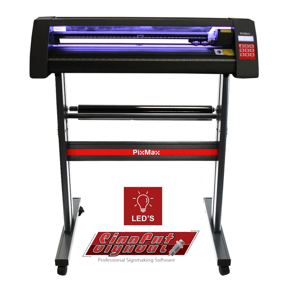 720 Vinyl Cutter with stand, featuring a sleek black design, LED light guide, and Signcut Pro software for professional signmaking
