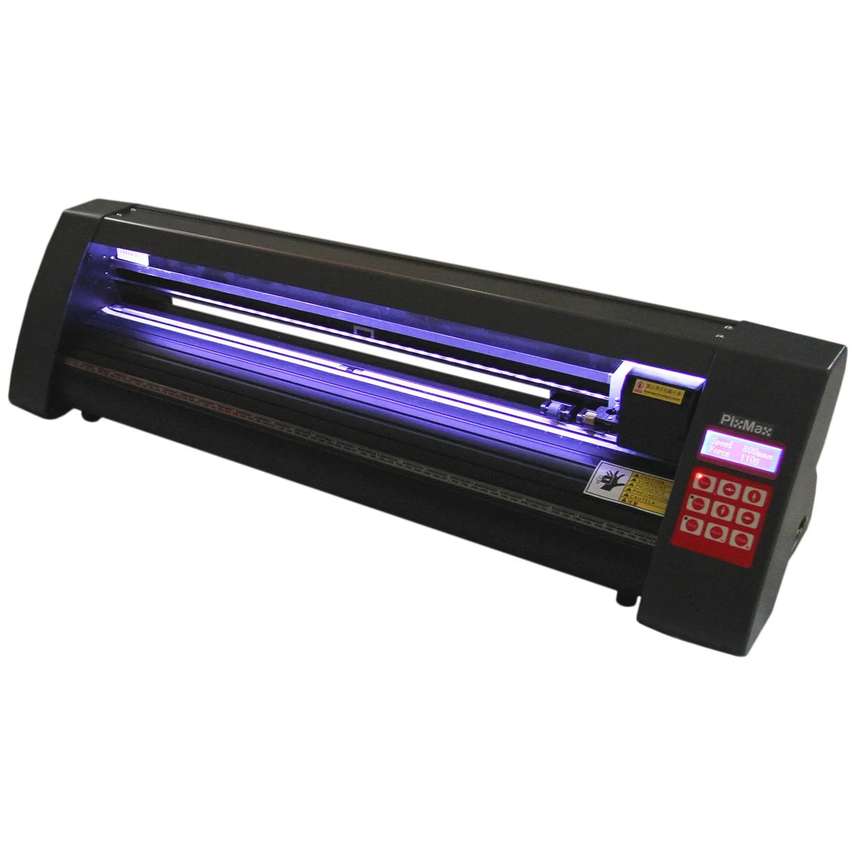 Vinyl cutter with LED lights, sleek black design, precision cutting blade, and user-friendly control panel for crafting projects