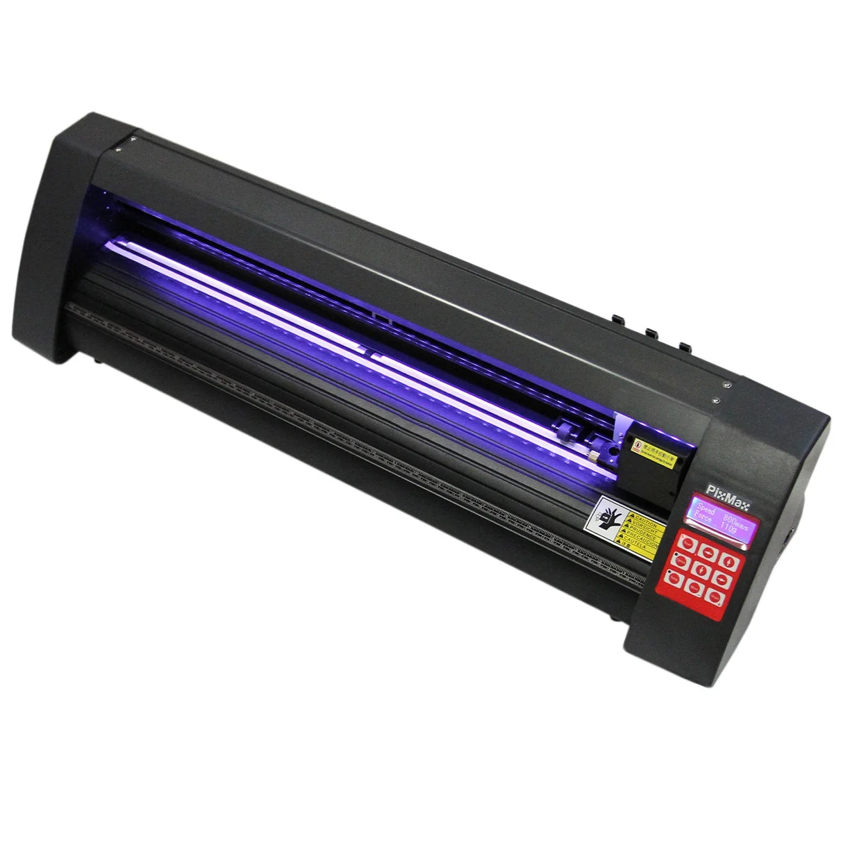 Pixmax 38cm heat press and vinyl cutter with LED printer, featuring a sleek black design and illuminated cutting area for precision