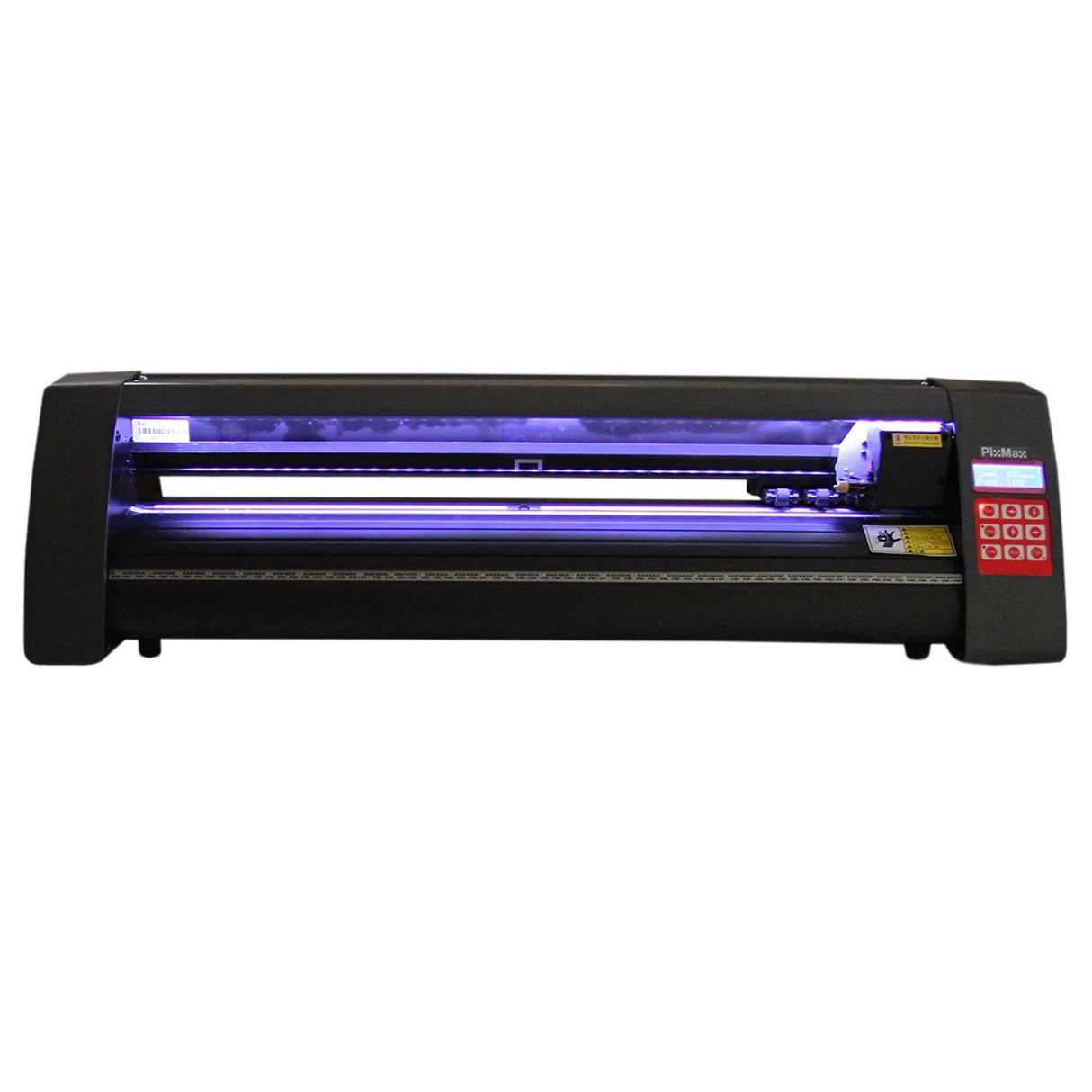 LED vinyl cutter with sleek black casing, illuminated cutting area, and control panel featuring red buttons for easy operation
