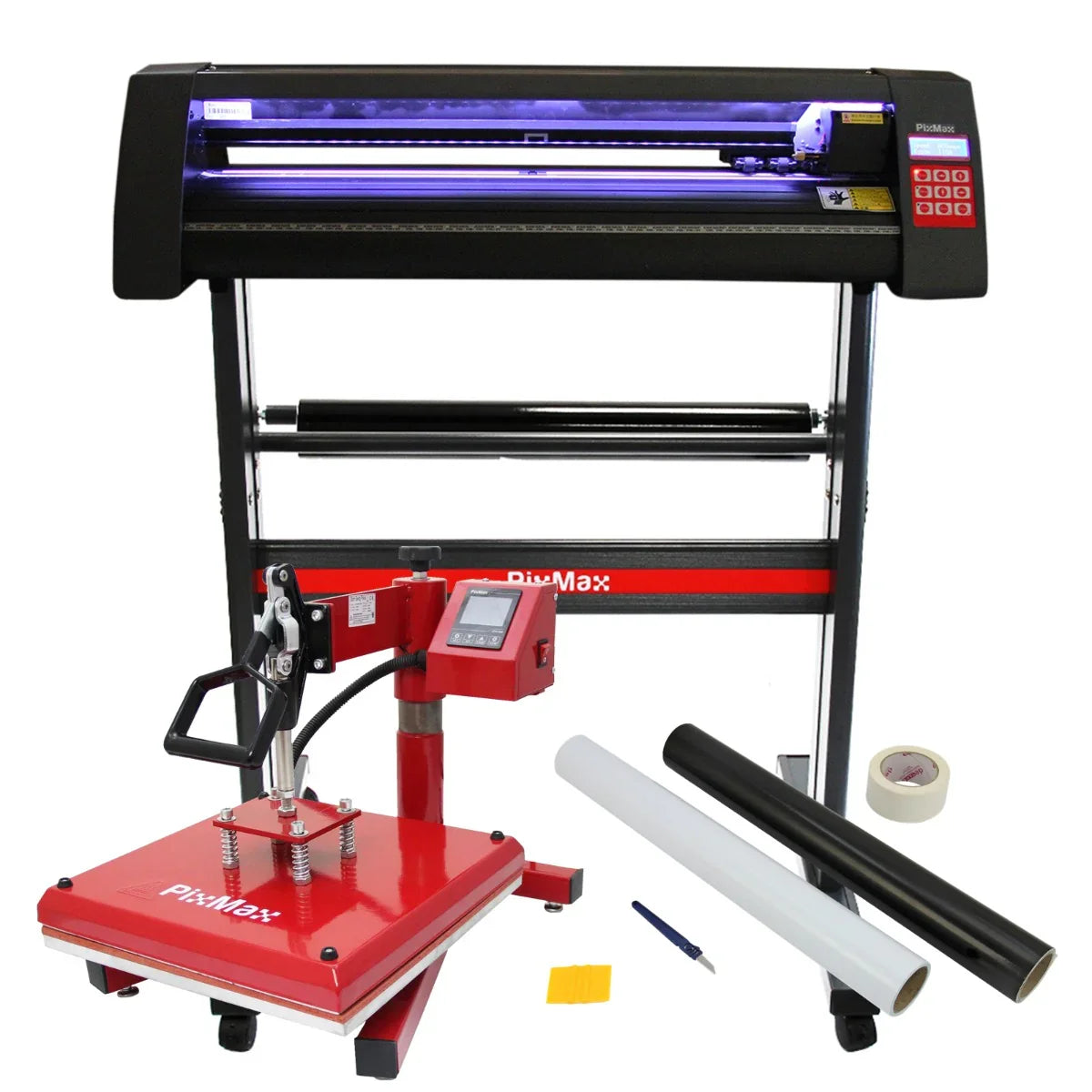 LED vinyl cutter with a sleek black design, red heat press, and accessories including rolls of vinyl and a pen for precise crafting