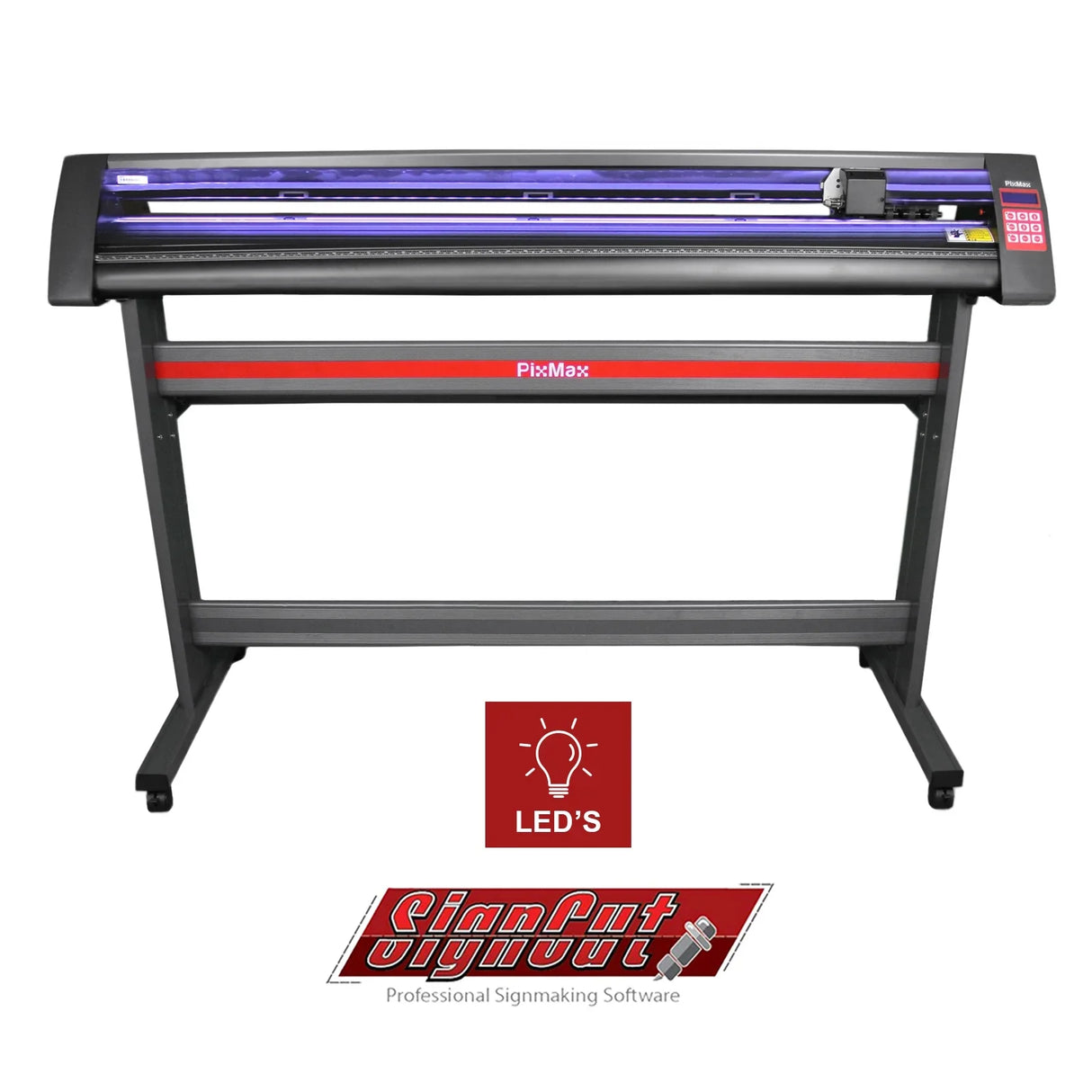 1350 vinyl cutter with sturdy stand, purple LED light guide, and Signcut Pro software logo on a sleek black and red design