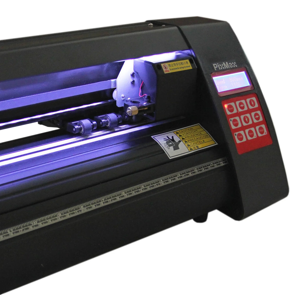 1350 vinyl cutter with a sleek black design, LED light guide, and control panel featuring buttons and display screen