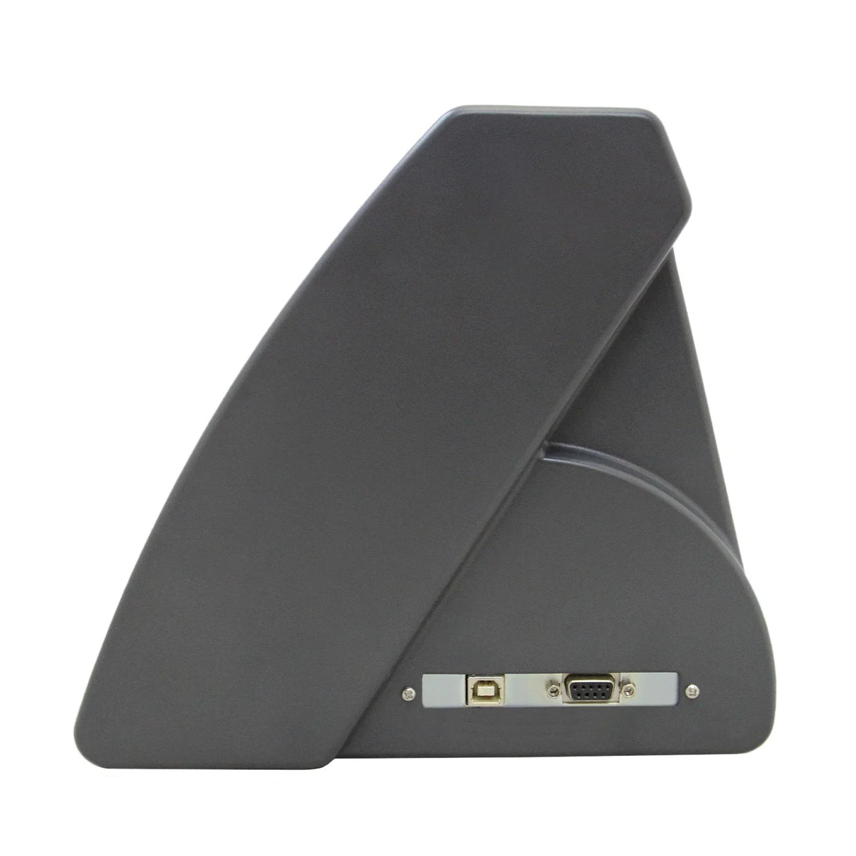 Gray vinyl cutter stand with a sleek design, featuring a USB port and smooth, angled edges for stability and support
