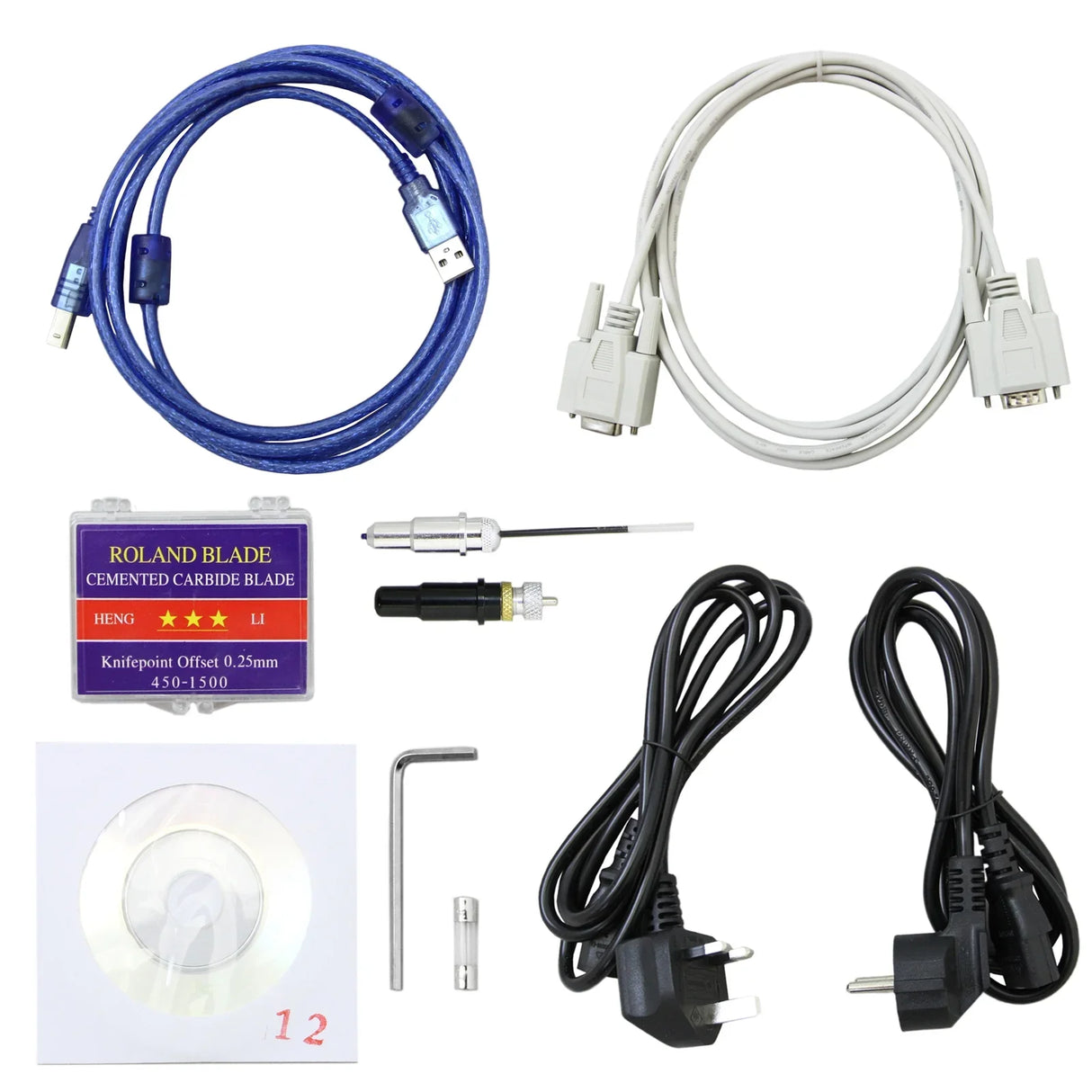 Cables, blades, and tools for the 1350 Vinyl Cutter, including USB, power cords, and a carbide blade for precision cutting
