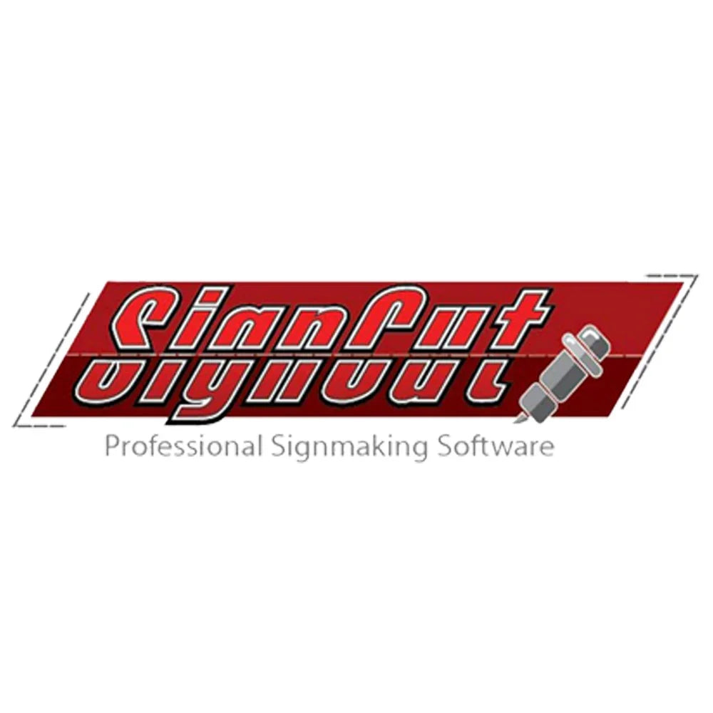 Red and gray SignCut logo featuring a bolt graphic, emphasizing professional signmaking software for vinyl cutters