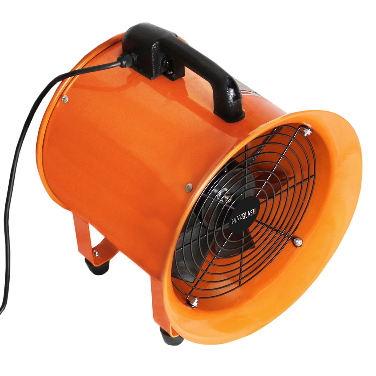 MAXBLAST Dust Extractor in bright orange, featuring a 300mm fan, 550W power, and a 6m duct for efficient dust removal