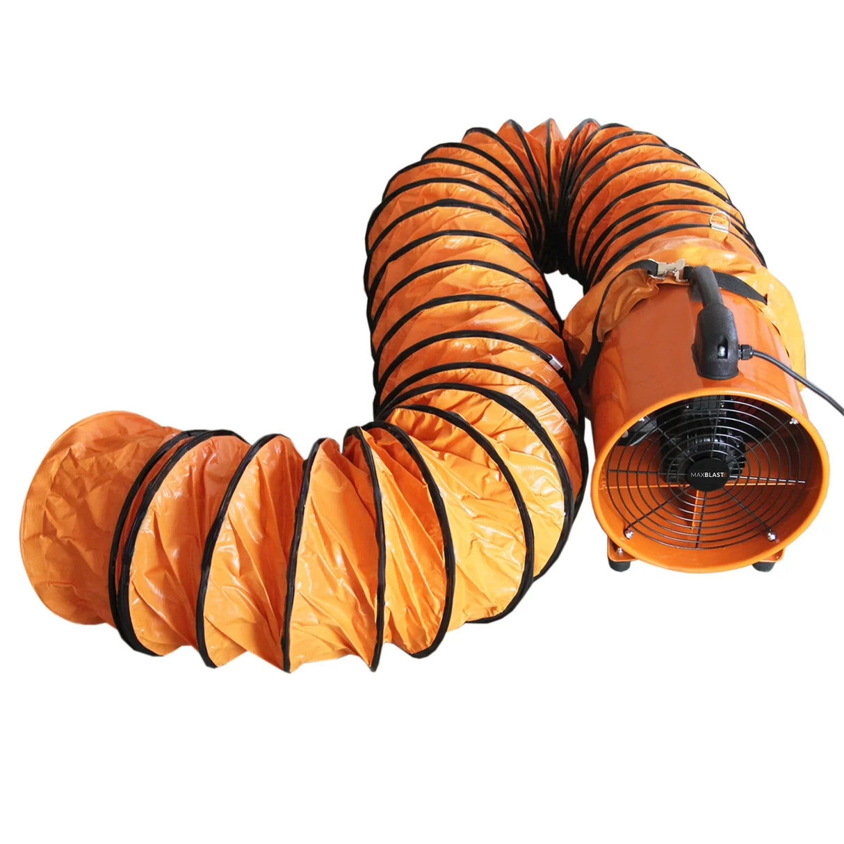 MAXBLAST Dust Extractor in bright orange, featuring a 550W motor and a flexible 6m duct for efficient dust collection and ventilation