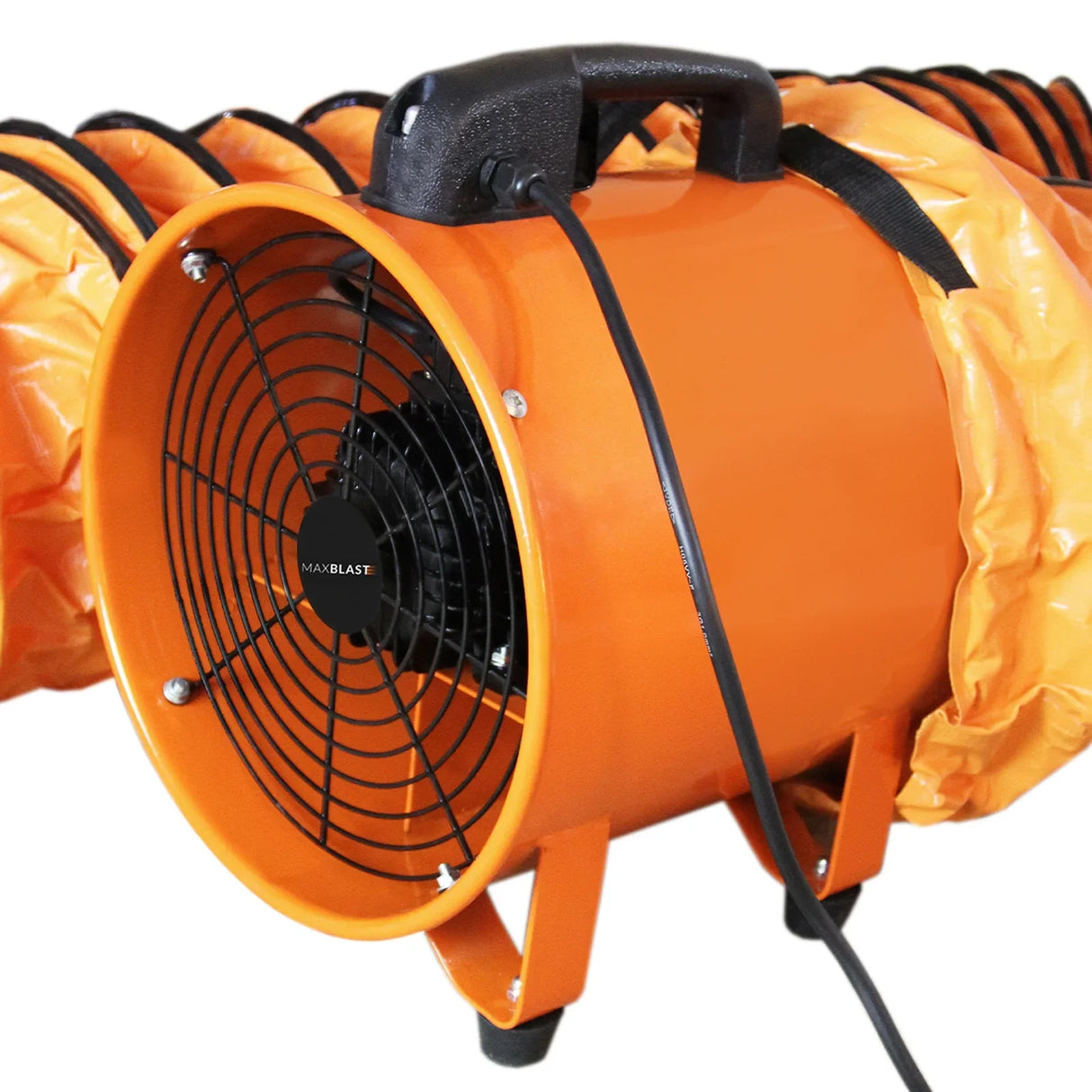 MAXBLAST Dust Extractor in vibrant orange with a sturdy handle, featuring a black fan grill and a flexible 6m duct for efficient dust removal