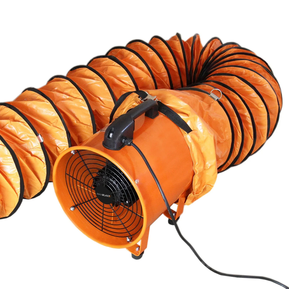 MAXBLAST Dust Extractor features a vibrant orange fan with a 6m flexible duct, designed for efficient dust collection in workshops