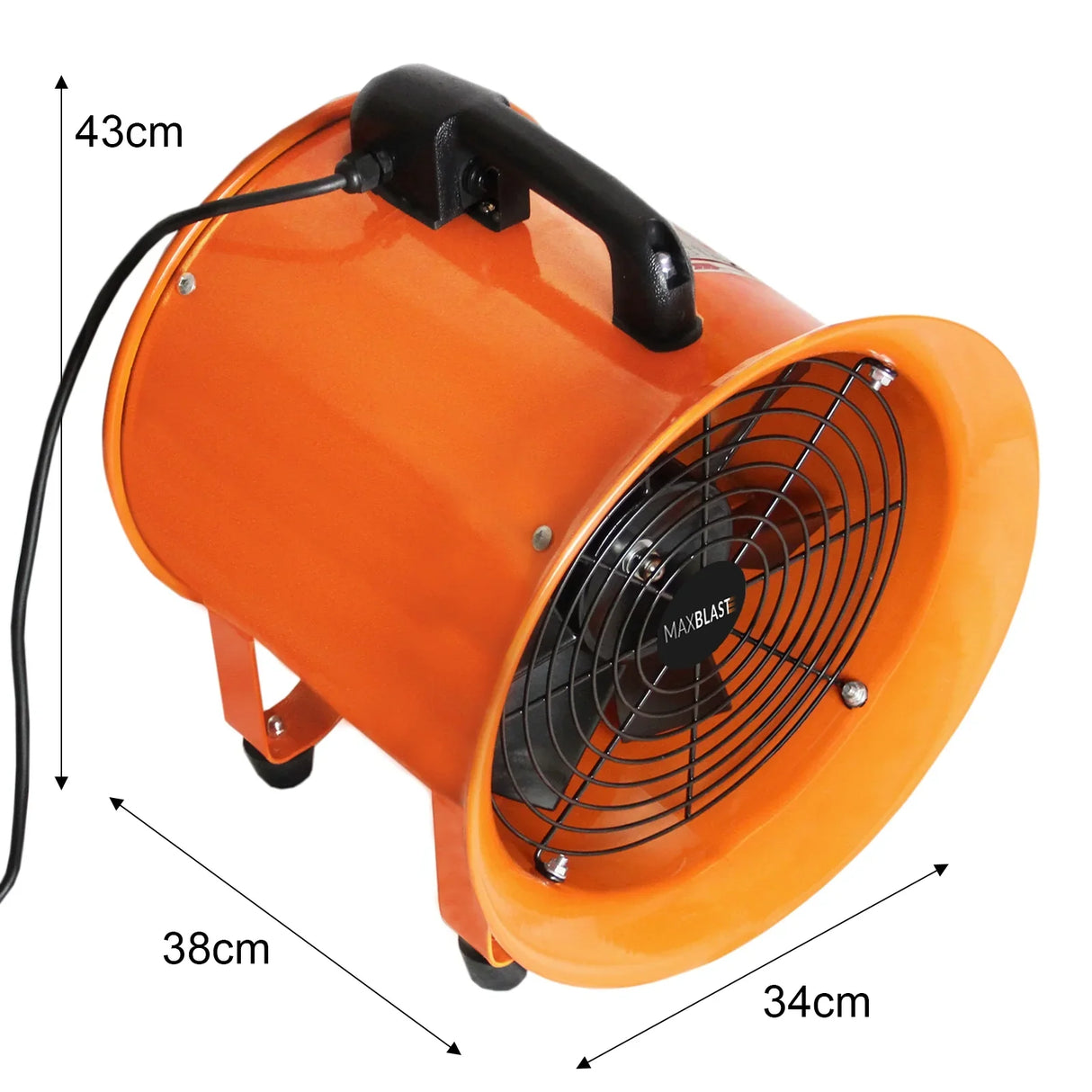 MAXBLAST Dust Extractor in bright orange, featuring a 550W motor, 300mm diameter, and 6m duct, ideal for efficient dust removal