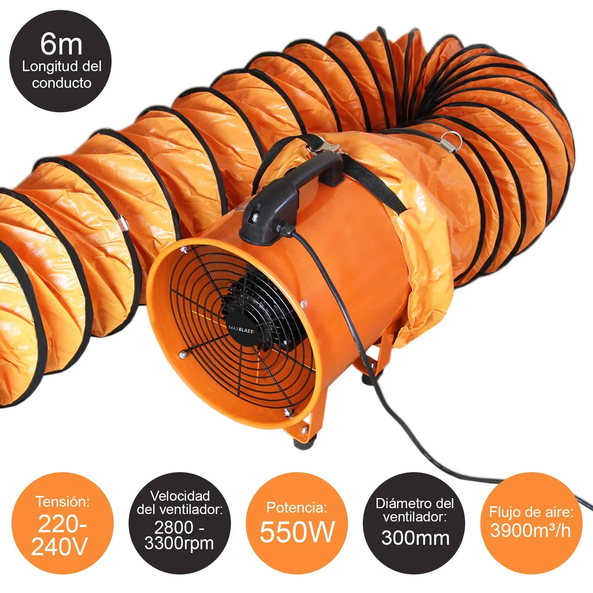 MAXBLAST Dust Extractor features a 550W orange fan with a 6m flexible duct, designed for efficient dust collection in workshops