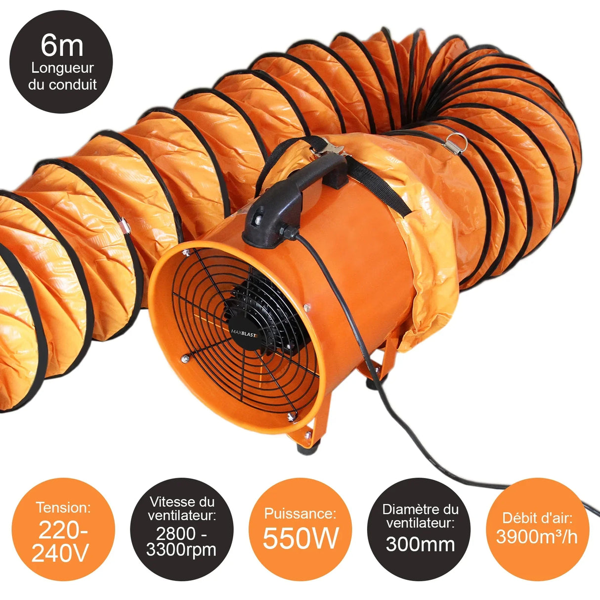 MAXBLAST Dust Extractor features a 550W motor, 300mm diameter, with a 6m flexible orange duct for efficient air extraction