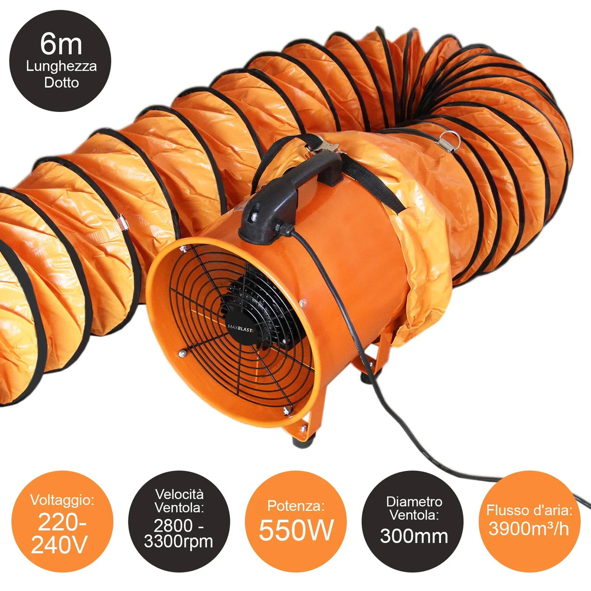MAXBLAST Dust Extractor features a 550W motor, 300mm diameter, and a flexible 6m orange duct for efficient dust removal