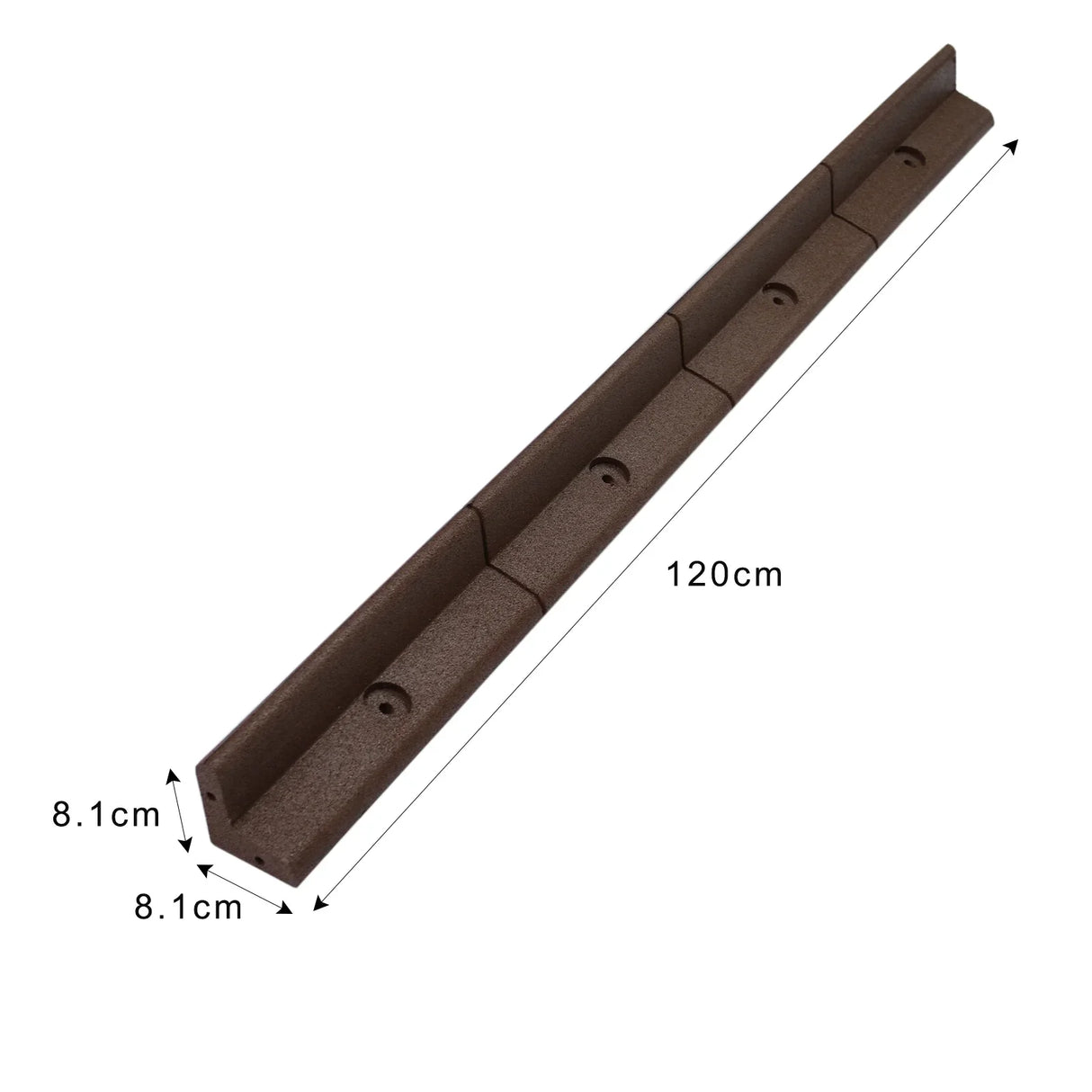 Flexible brown lawn edging measuring 1.2m x 8.1cm, featuring a textured surface and multiple connection points for easy installation