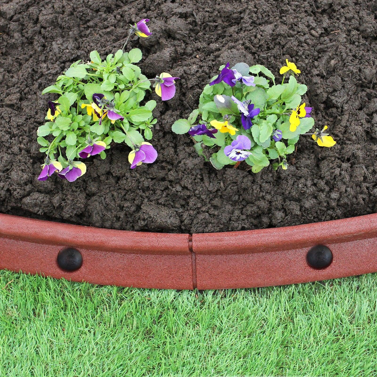 Flexible terracotta lawn edging, 1.2m long, featuring a smooth, curved design with vibrant flowers and rich soil in the background