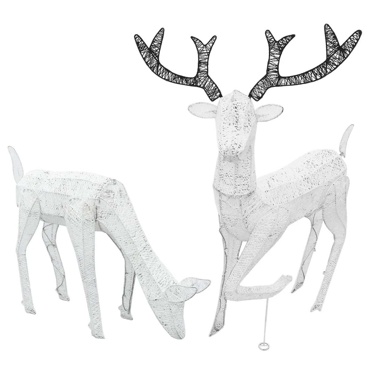 Large light-up stag and doe reindeer set in white with intricate textures, featuring black antlers, perfect for festive decor