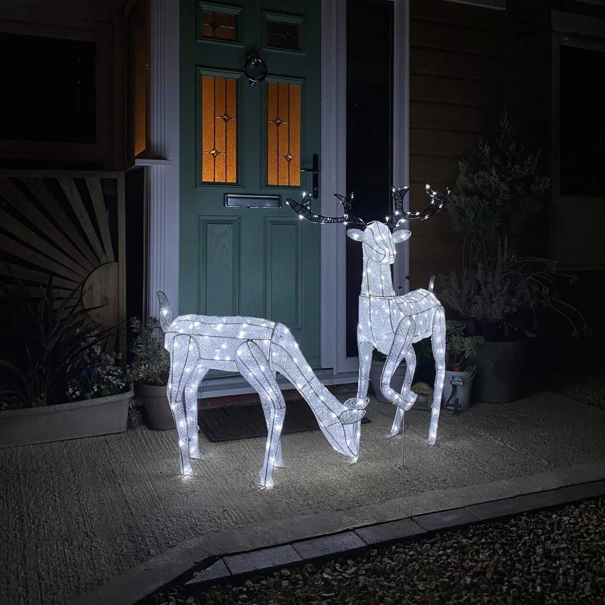 Large light-up stag and doe reindeer set with white LED lights, standing on a porch, creating a festive outdoor display