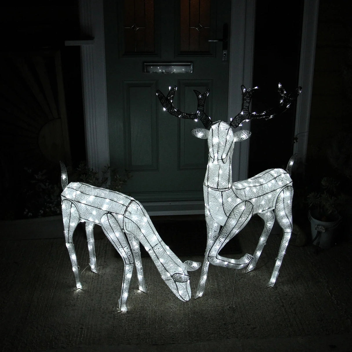 Large light-up stag and doe reindeer set with white LED lights, intricate wireframe design, positioned near a green door