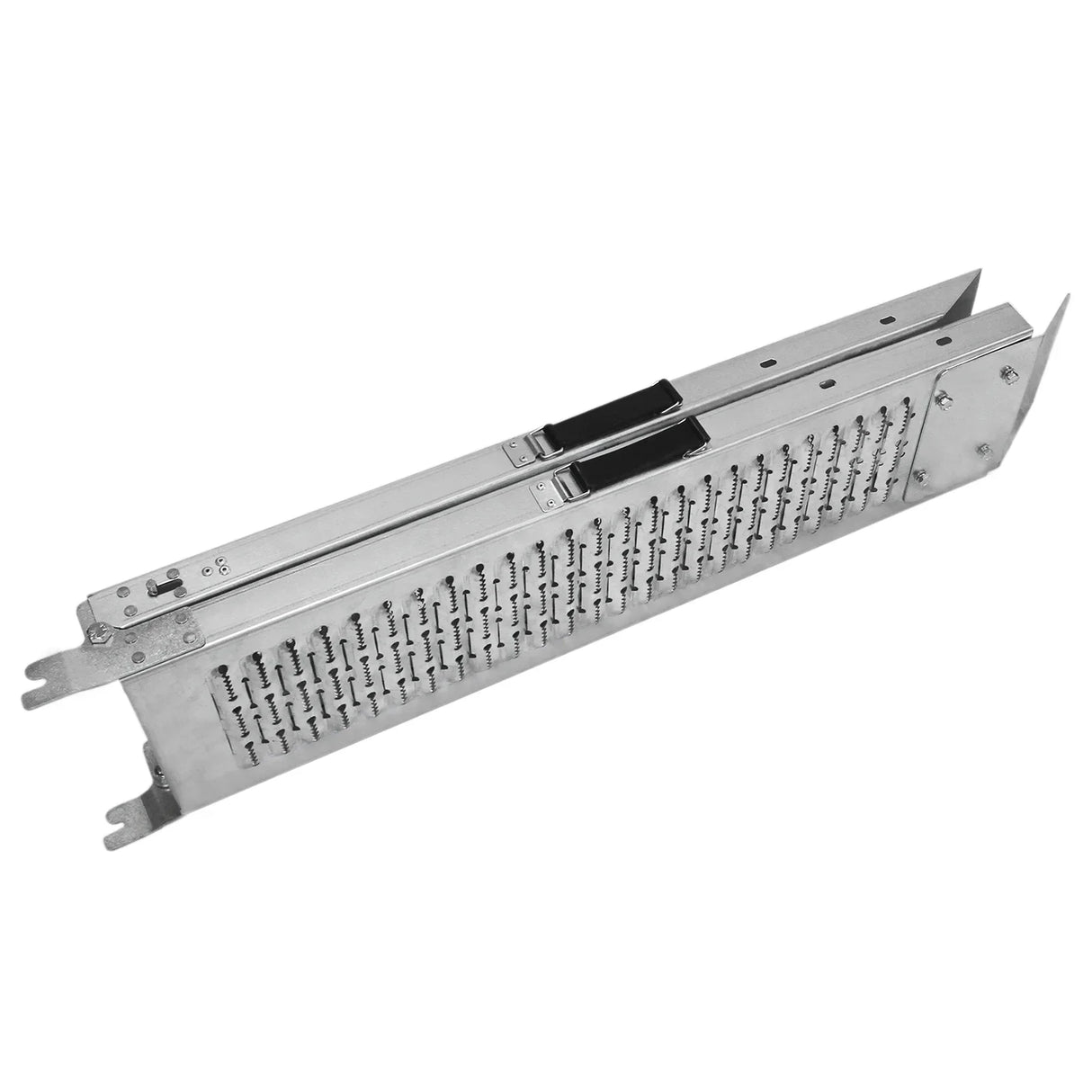 Foldable T-Mech motorbike ramp in silver metal, featuring a textured surface for grip and a compact, space-saving design