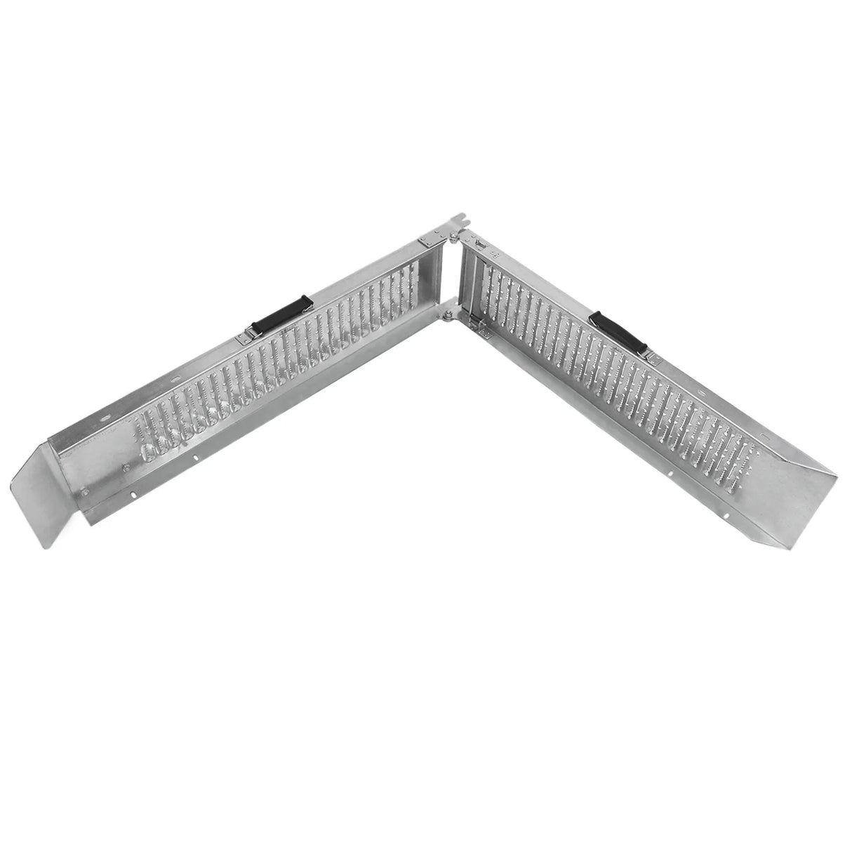 T-Mech foldable motorbike ramp in silver aluminum, featuring a sturdy, textured surface and a compact, angled design for easy storage