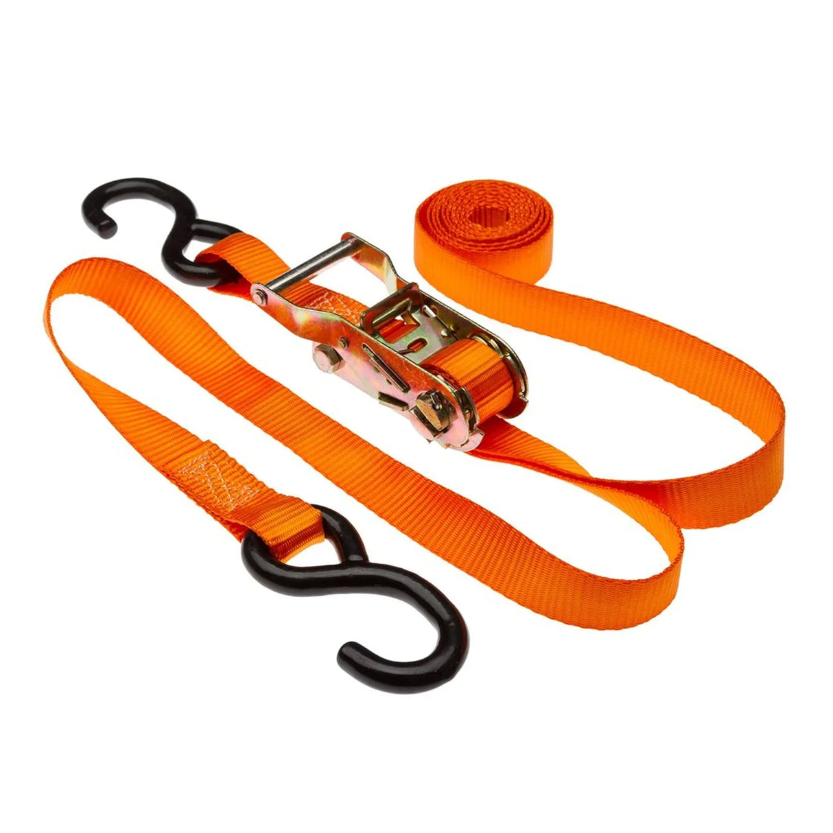 Bright orange ratchet strap with metal hooks, designed for securing loads, featuring durable webbing and a sturdy ratchet mechanism