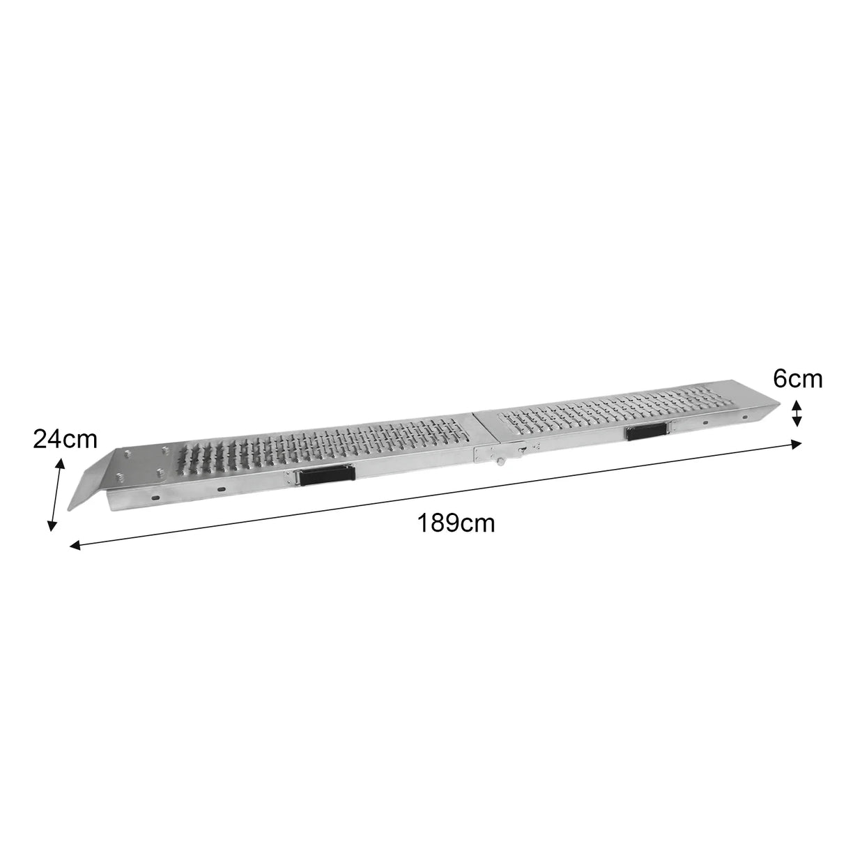 Durable aluminum T-Mech foldable motorbike ramp, 189cm long, 24cm wide, featuring a textured surface for enhanced grip and safety