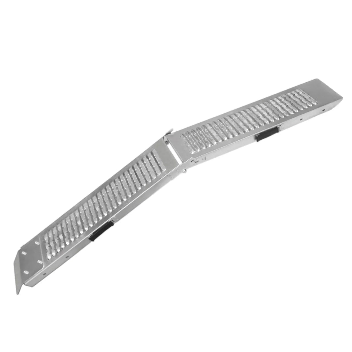 Foldable aluminum motorbike ramp with a textured surface for grip, featuring a lightweight design and adjustable width for easy transport