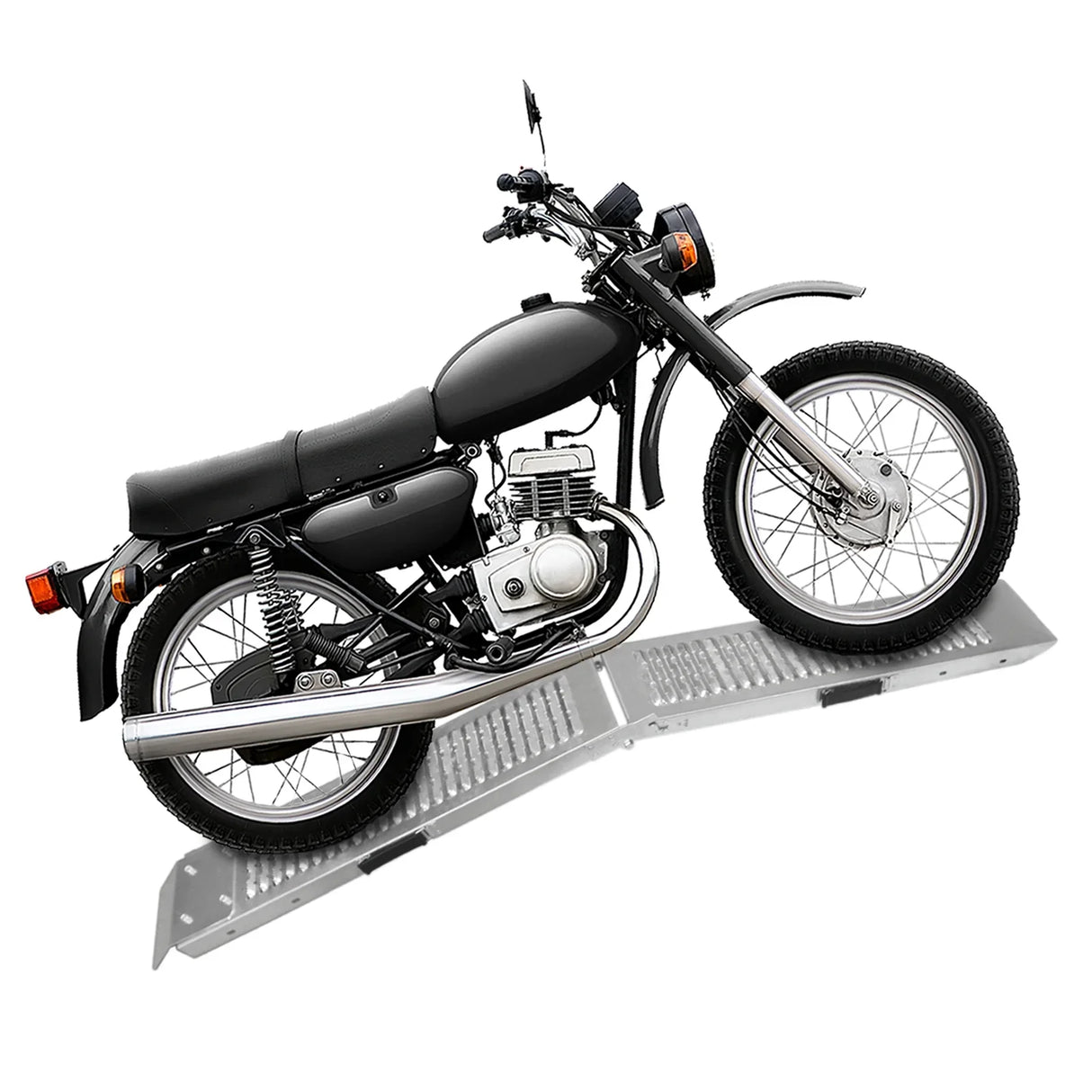 T-Mech foldable motorbike ramp with a black motorcycle positioned on it, showcasing durable aluminum construction and textured surface for grip