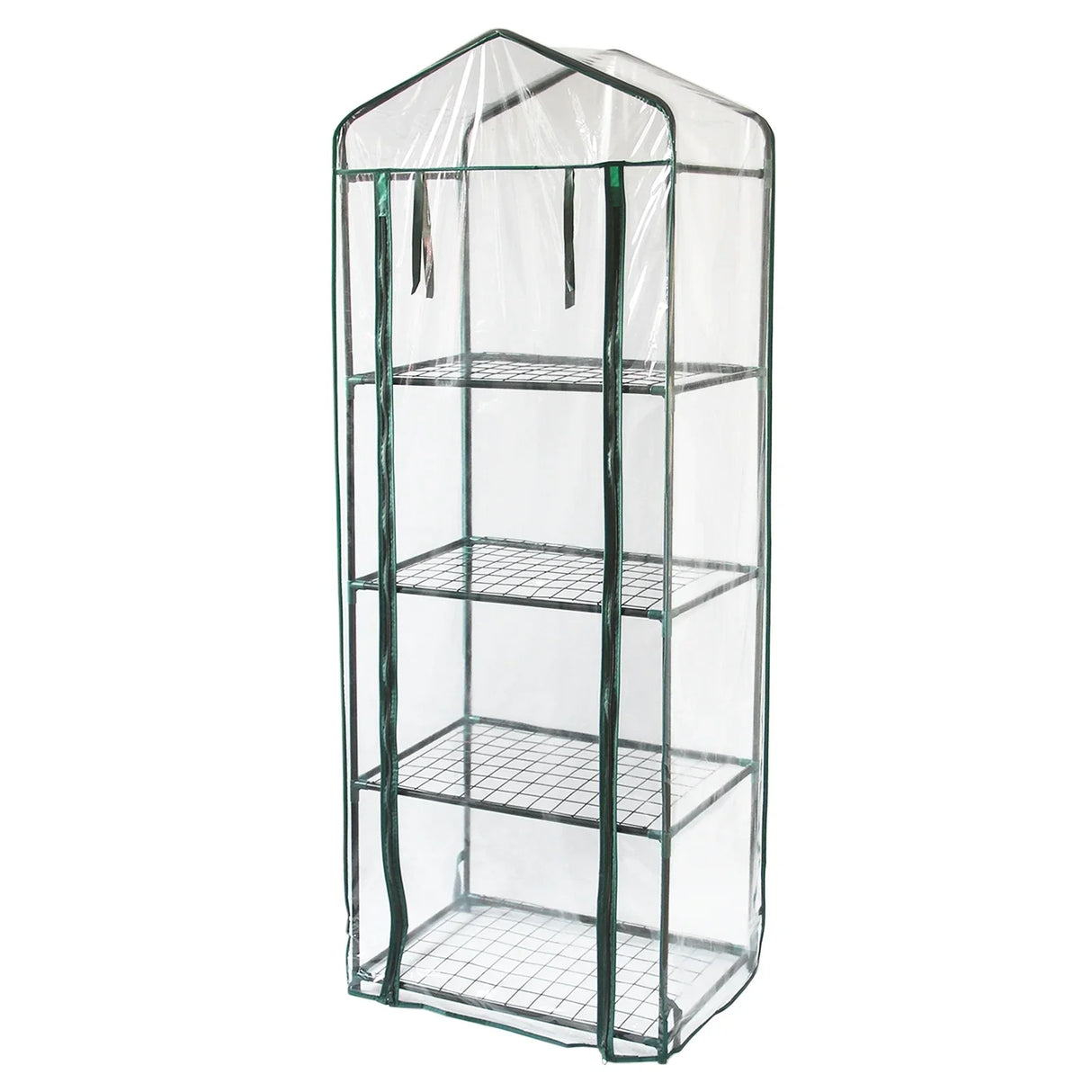 Mini greenhouse with four tiers, transparent plastic cover, green frame, and wire shelves, ideal for indoor or outdoor plant growth