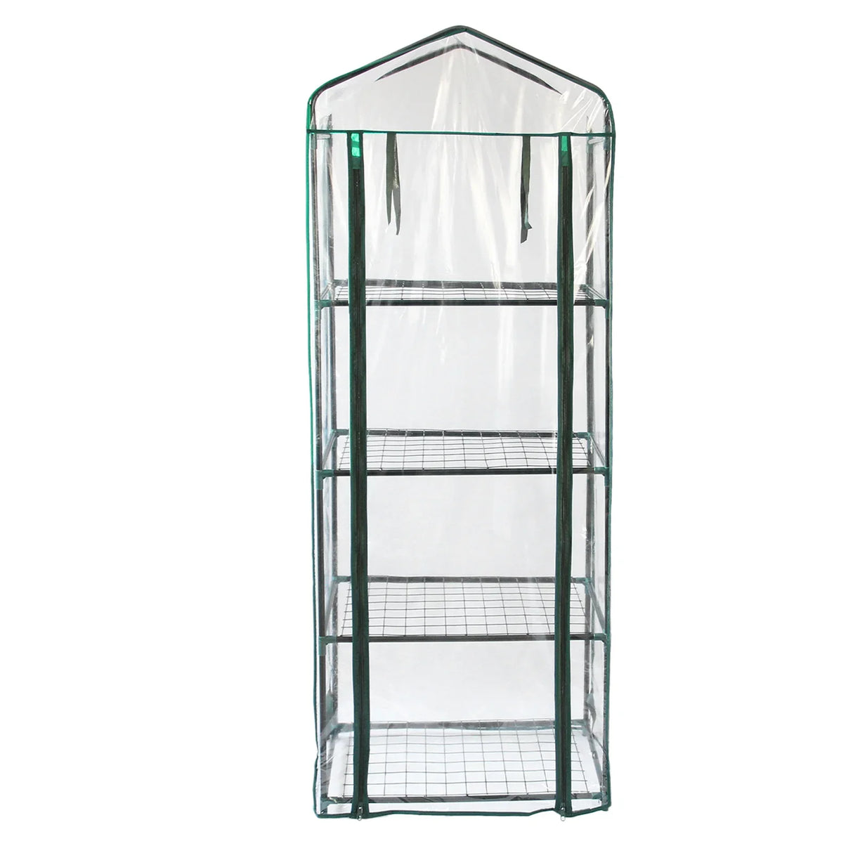 Mini greenhouse with four wire shelves, clear plastic cover, and green frame, ideal for indoor or outdoor plant growth and protection