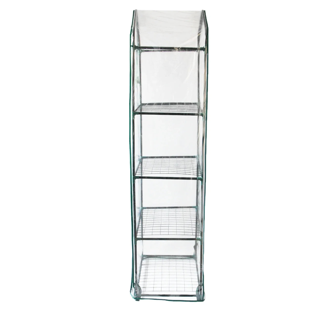 Mini greenhouse with four wire shelves, covered in a clear plastic cover, designed for indoor or outdoor plant cultivation