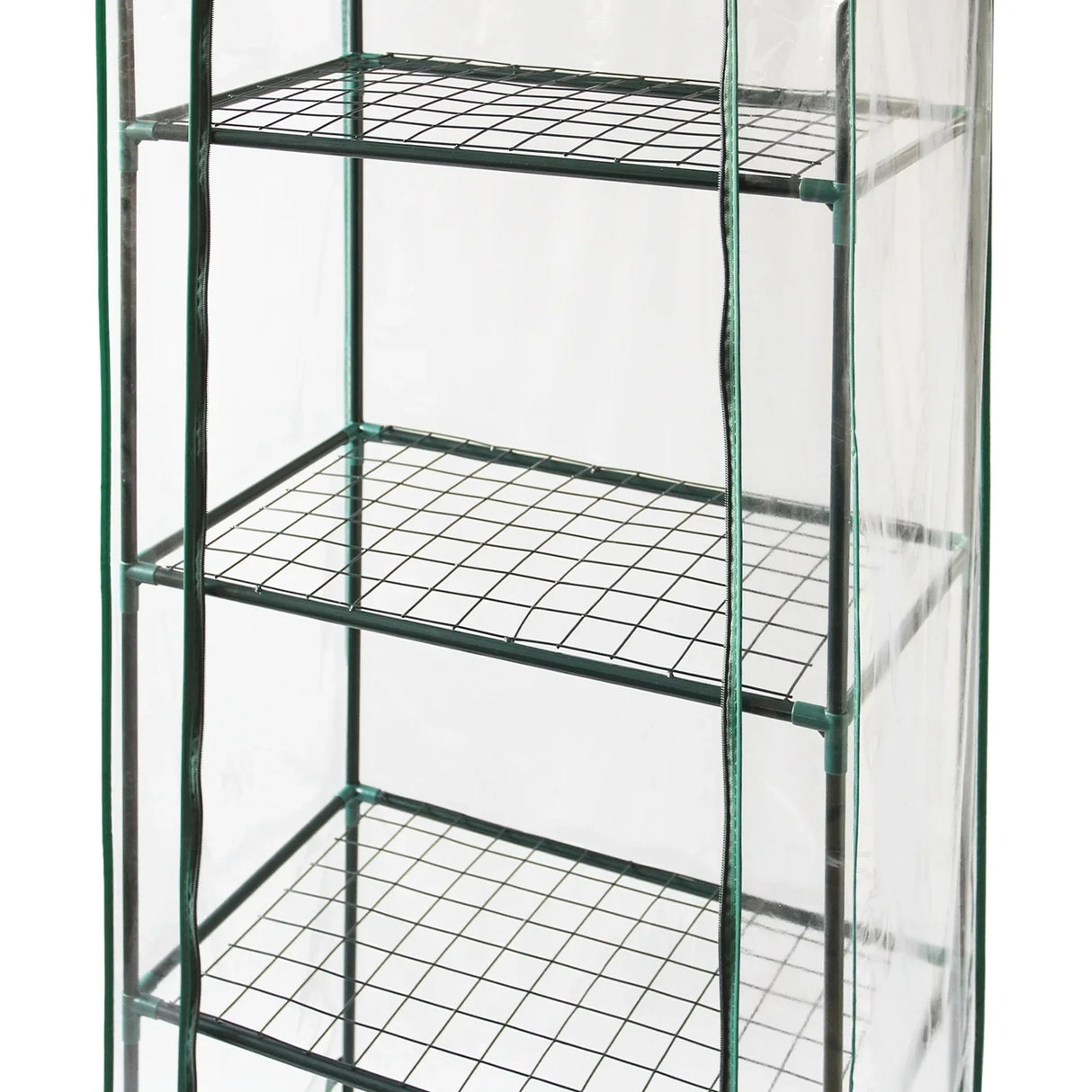 Mini greenhouse with four tiers, featuring a clear plastic cover, metal frame, and wire shelving for optimal plant growth